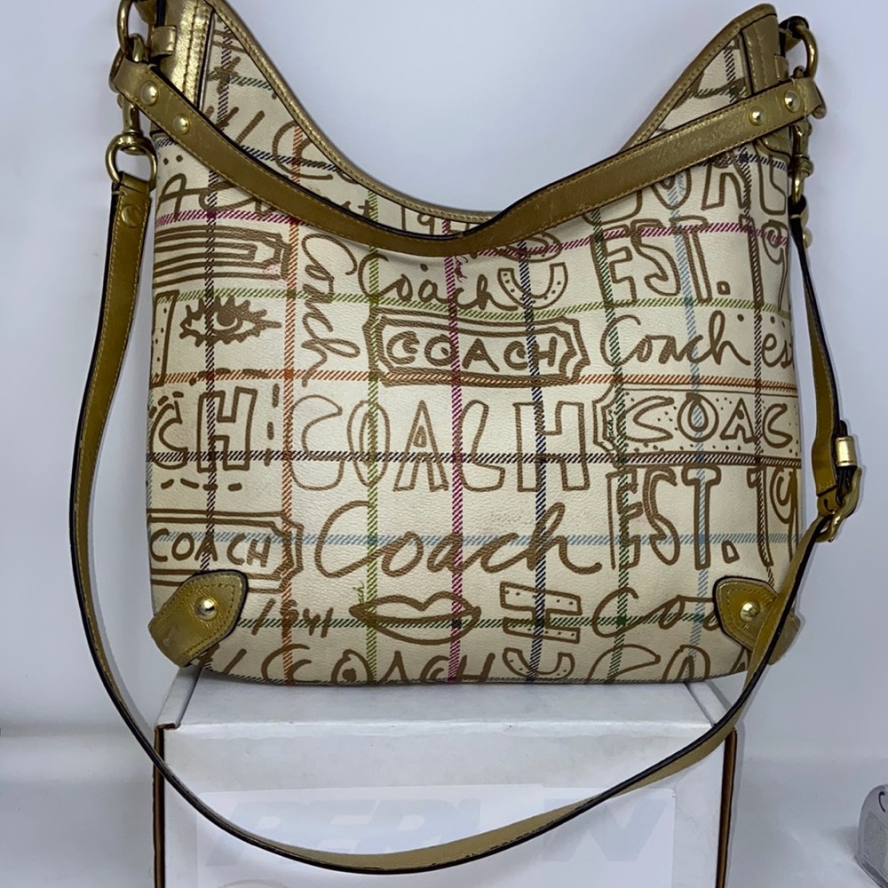 Coach Fl3309 Tattersall Gold Graffiti Hobo Purse Authentic